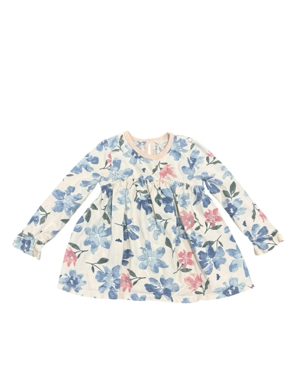 Burt's Bees Baby Floral Long Sleeve Shirt Dress in White, Blue & Pink